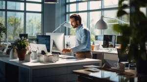 An office with an employee looking at a computer